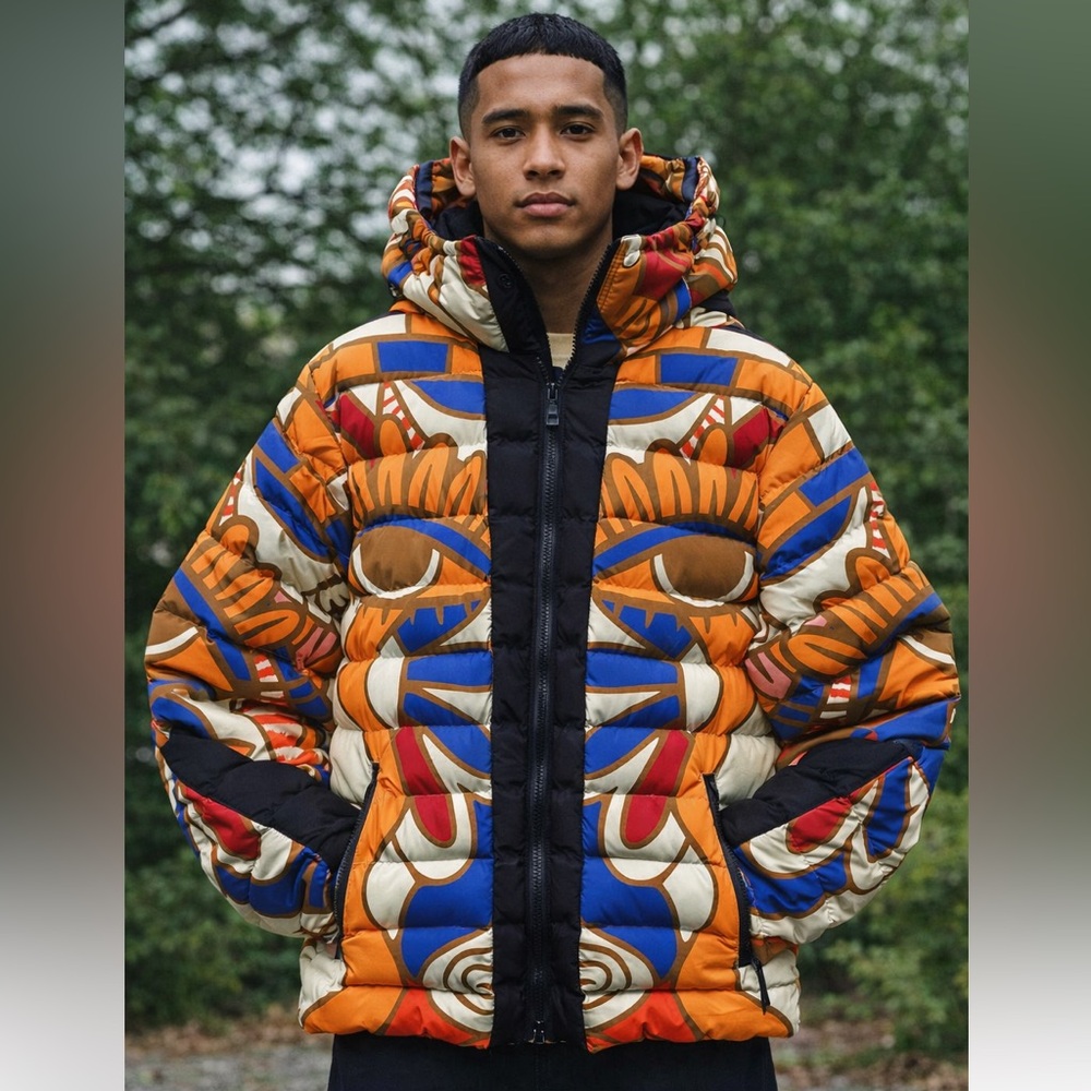 Rokustudio Abstract Graphic Hooded Puffer Jacket 
Size Medium